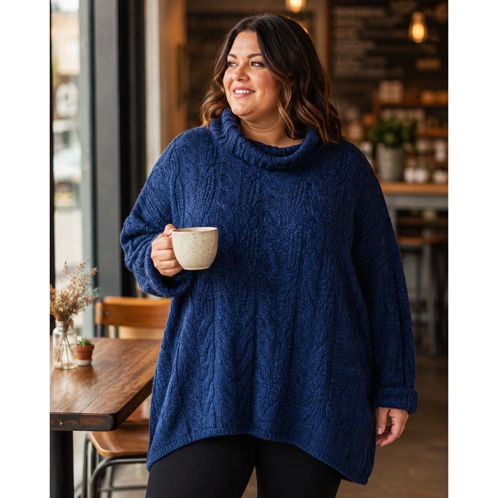 463. Cozy Torrid Navy Blue Cable Knit Cowl Neck Oversized Sweater Size 3 3X